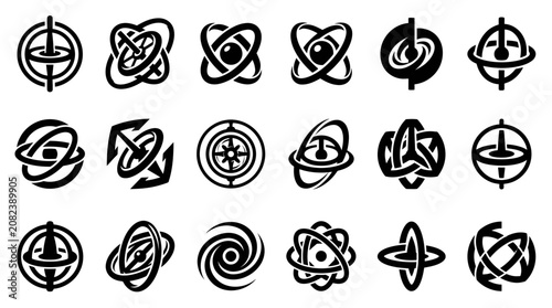 Cuadro en lienzo Abstract Atomic Orbits, Gyroscope, and Galaxy Icons Set