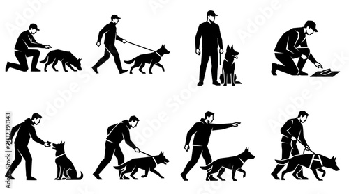 Fotografie Dog Training Silhouettes: Sit, Stay, Command, Obedience, Leash Walking, Protecti