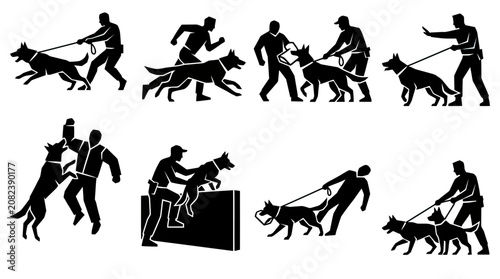 Schilderij op canvas Police Dog Training Silhouettes: Attack, Patrol, Agility, Guarding, Handler Inte