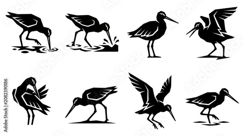 Bild auf Leinwand Set of stylized black silhouette icons of wading birds in various poses on white