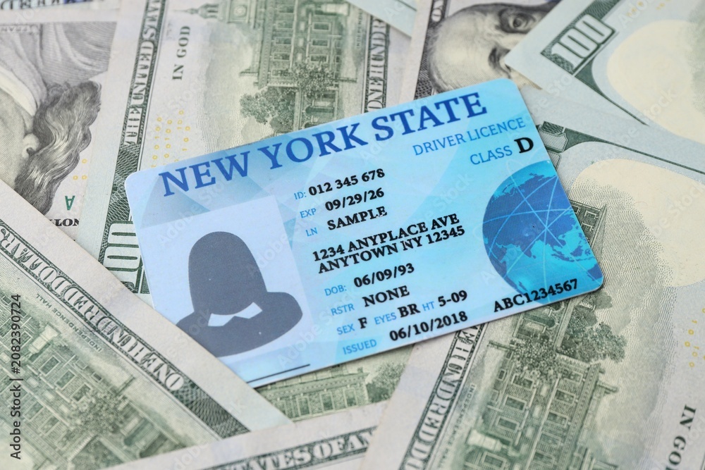 Fototapeta premium Driver's licence on dollar banknotes as background, closeup