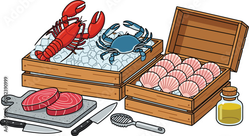 Foto Fresh Seafood Composition with Red Lobster, Blue Crab, and Scallops on Ice in Wo