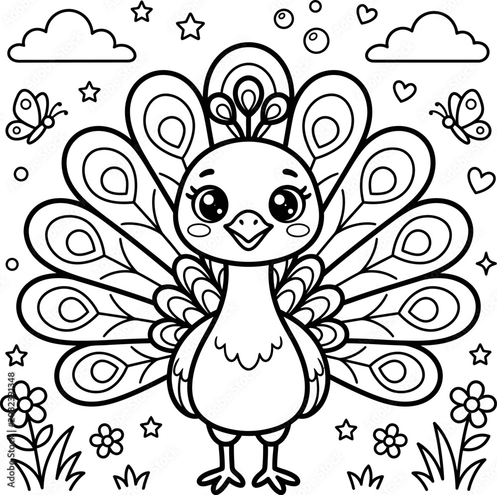 Fototapeta premium Coloring page Coloring page Cartoon peacock bird with spread tail feathers and cute face surrounded by flowers and butterflies