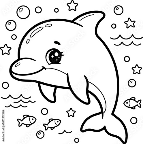 Coloring page Coloring page black and white illustration of smiling dolphin swimming with fish and bubbles underwater scene