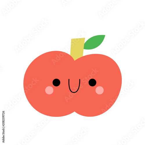 Cute kawaii smiling apple vector illustration isolated on white background. Happy cartoon red fruit character with leaf and rosy cheeks for kids nursery wall art and sticker design.