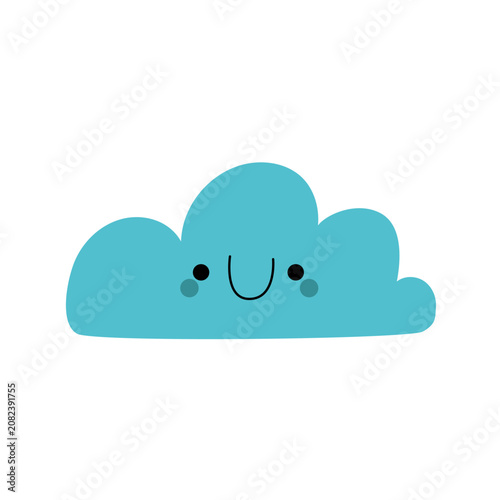 Cute kawaii smiling cloud vector illustration isolated on white background. Happy cartoon blue cloud character with rosy cheeks for kids nursery wall art and sticker design.