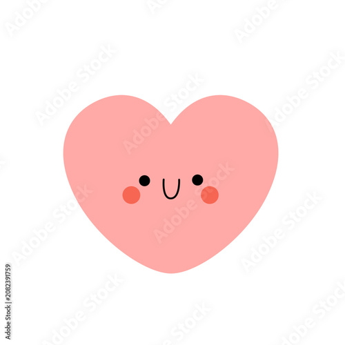 Cute kawaii smiling heart vector illustration isolated on white background. Happy cartoon pink heart character with rosy cheeks for Valentine's Day greeting card and kids nursery design.