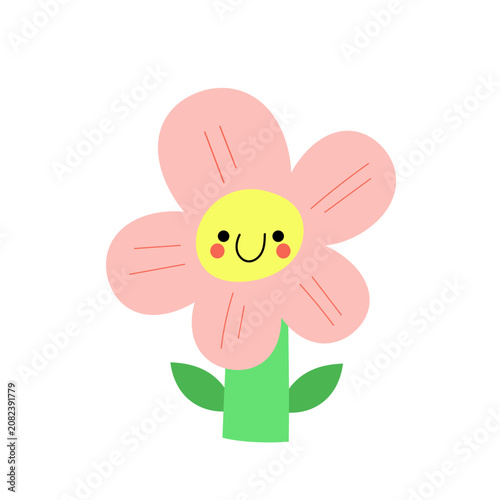 Cute kawaii smiling flower vector illustration isolated on white background. Happy cartoon pink plant character with rosy cheeks for kids nursery wall art and sticker design.
