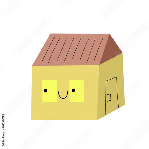 Cute kawaii smiling house vector illustration isolated on white background. Happy cartoon yellow home character with windows and door for kids nursery wall art and sticker design.