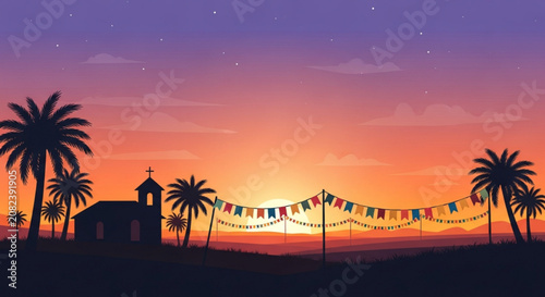 Sunset Landscape with Rural Chapel and Festive Bunting