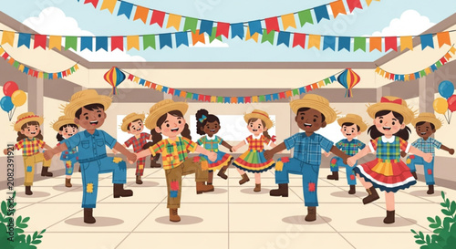 Group of Children Dancing in Colorful Folk Costumes