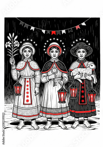 Trio of Symbolic Figures with Lanterns and Religious Emblems