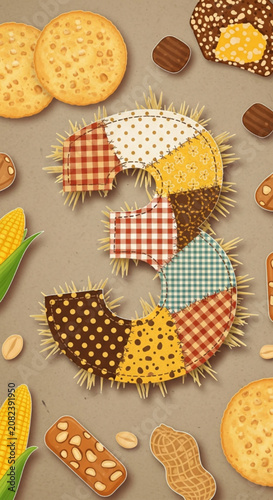 Quilted Fabric Number Three Surrounded by Snacks