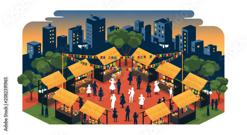 Nighttime Street Fair in Modern Urban Setting