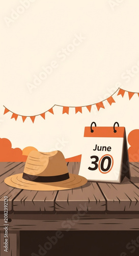 June Thirtieth Calendar Page with Straw Hat on Wooden Plank