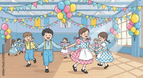Children Playing Ring Dance in Decorated School Hall