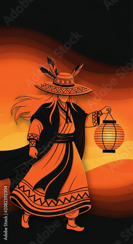 Stylized Wanderer Carrying Glowing Paper Lantern at Dusk