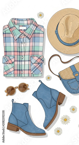 Spring Fashion Collection with Plaid Shirt and Straw Accessories