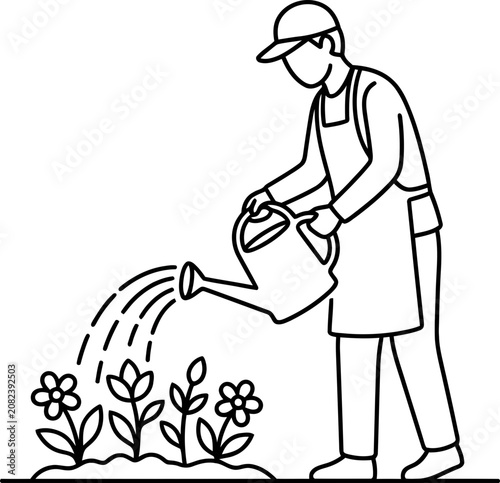 A black and white line art illustration of a gardener watering flowers.