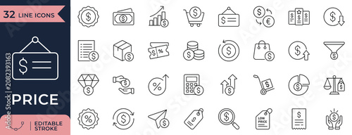 Fotografie Price Line Icon Set. Editable stroke. Vector illustration.