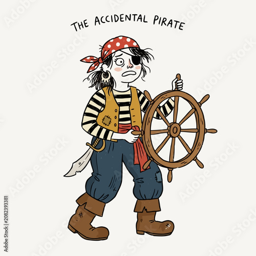 Foto Shocked girl dressed as an accidental pirate, holding a ship's steering wheel and a sword, cartoon character
