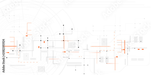 Abstract geometric network of lines and dots with orange accents on a white background