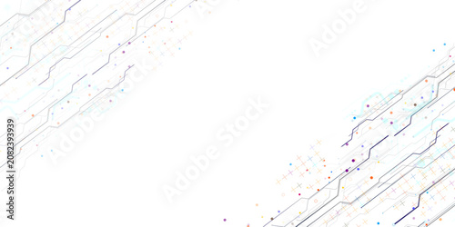 Fotografie Abstract digital circuitry pattern with colorful dots and crosses on white backg