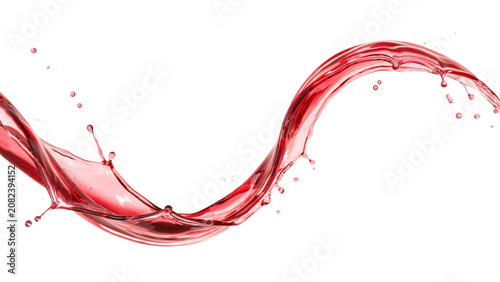 A dynamic splash of red liquid, likely wine or juice, forming a wave shape with droplets isolated against a solid black background, food