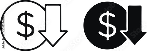 Konstfotografi Cost reduction and dollar devaluation icons showing financial loss with currency