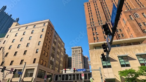 footage of Skyscrapers and office buildings in the skyline in Pittsburgh Pennsylvania USA