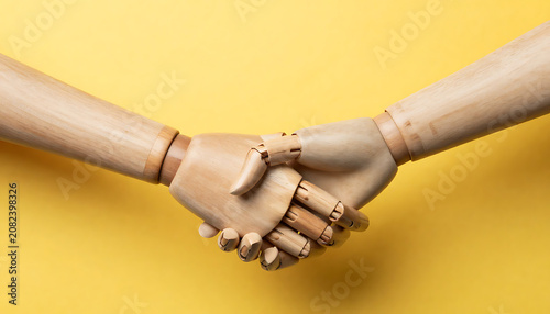 Handshake Concept – Wooden Mannequin Hands on Yellow