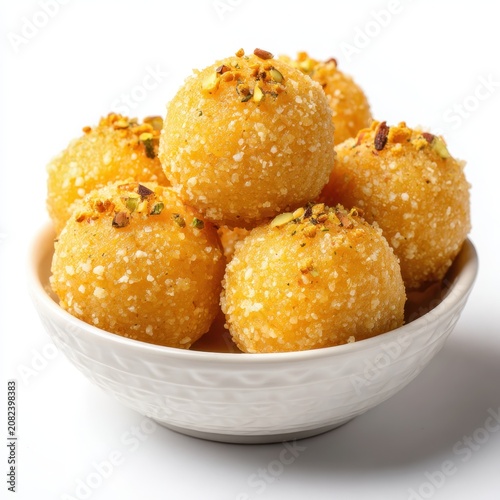 Golden Ladoo Pile in White Bowl with Pistachio Topping White Background