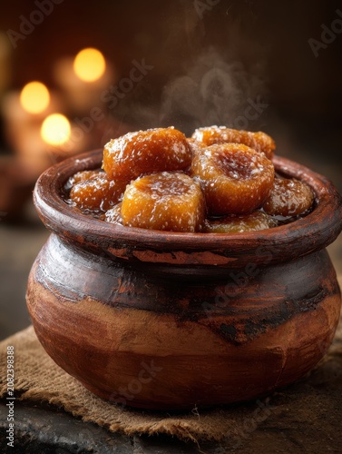 Indian Mithai in Rustic Clay Pot with Warm Candlelight Atmosphere