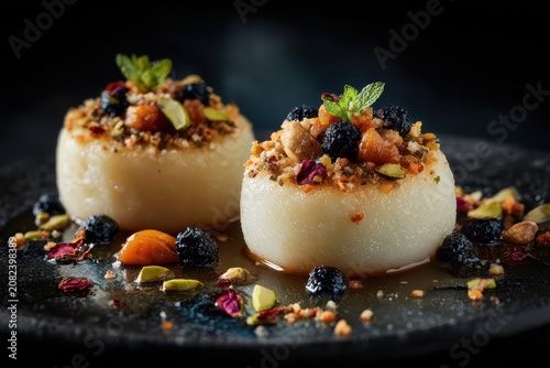 Modern Indian Mithai Plating with Dry Fruit Topping on Dark Plate