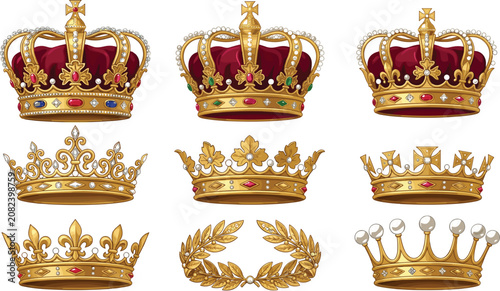 Luxury Golden Royal Crown Vector Set Featuring Imperial Velvet Headwear, Ornate Tiaras with Diamonds, Fleur de Lis Coronet, Pearl Diadem, and Laurel Wreath
