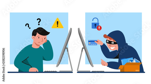 Billede på lærred Man worried as another man in hoodie holds credit card near laptop, illustrating online security concern indoors