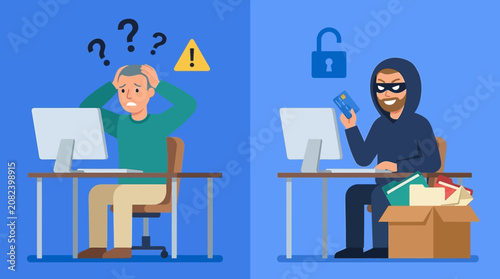 Schilderij op canvas Two men sitting at desks with computers experiencing stress and cybersecurity issues