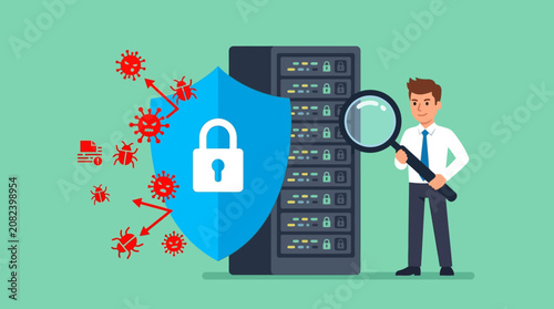 Obraz na plátně Man investigates server with shield and lock against virus attack in office