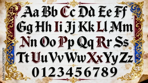 gothic fraktur alphabet on aged parchment paper