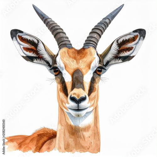Watercolor portrait of beautiful gazelle, graceful pose with delicate features and long horns, soft natural colors, hand drawn art style, isolated on clean white background.