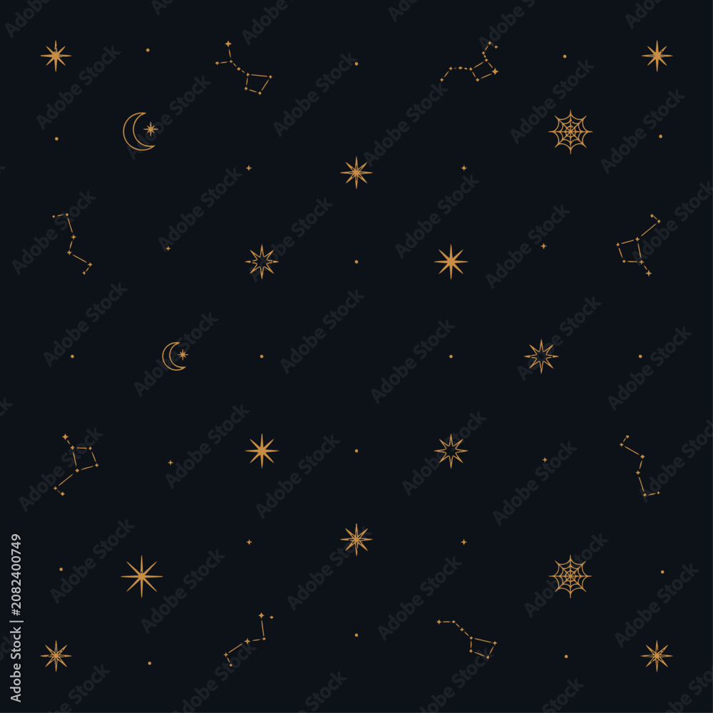 Fototapeta premium Celestial seamless pattern with gold constellations and stars, mystical zodiac background on dark blue, elegant astronomical wallpaper for wrapping paper