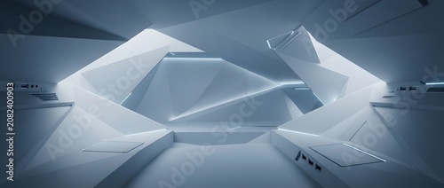 Abstract futuristic tech interior with deconstructivist architecture and soft volumetric lighting for corporate copy space