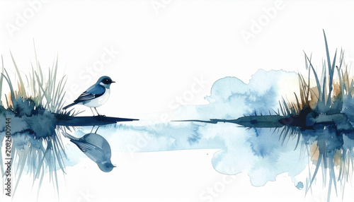 Classic peaceful watercolor illustration of delicate bird sitting on edge of serene pond, gentle hand drawn style, calm and tranquil atmosphere, isolated on white background.