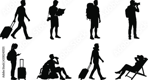 Travel silhouettes set featuring tourists with luggage backpacks maps taking photos and relaxing on lounge chair