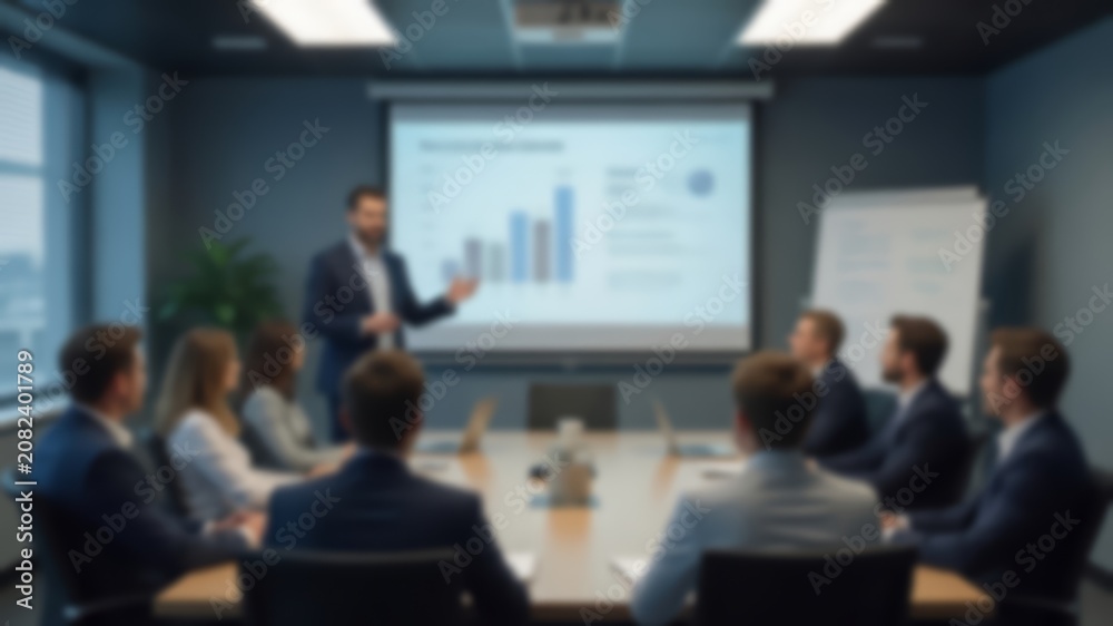 Fototapeta premium Blurry image shows group in meeting with presenter
