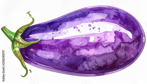 Watercolor illustration of fresh eggplant, soft hand drawn style, natural and healthy vegetable, isolated on white background.