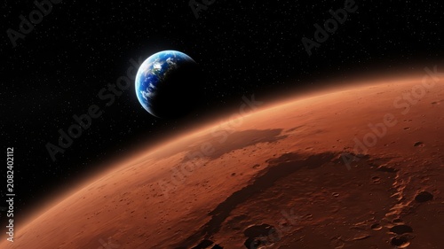 Mars' surface, reddish and textured, faces Earth as a blue planet