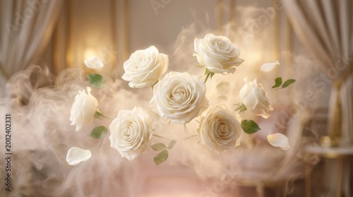 Enchanting White Roses Floating in Ethereal Mist.
