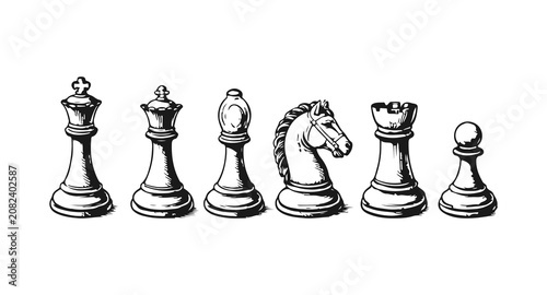 Tableau sur toile Simple hand drawn chess pieces game sketch set, engraved king, queen, bishop, knight, rook, pawn illustration clip art