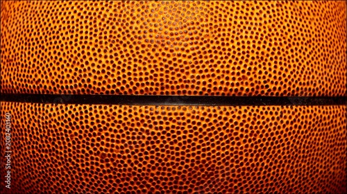 Close-up of basketball surface showing pebbled texture and black seams. Detailed view highlights grip and material design.
